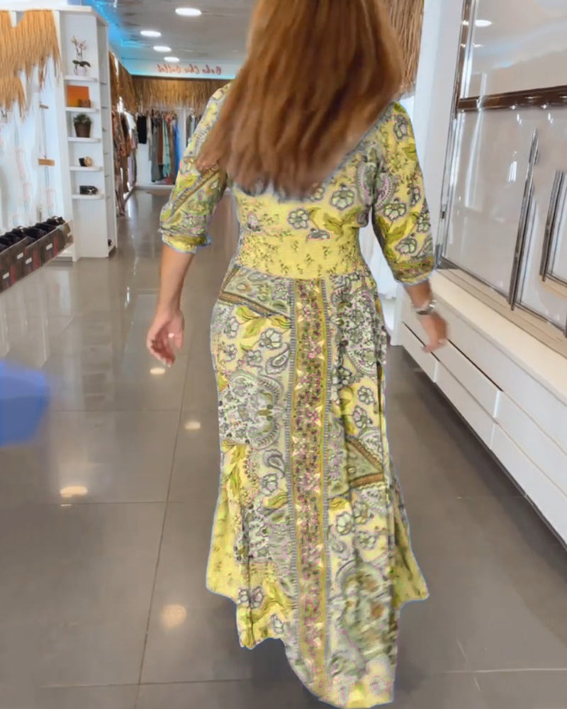 Astrid | Romantisk maxikjole med bohemeprint og bindebånd